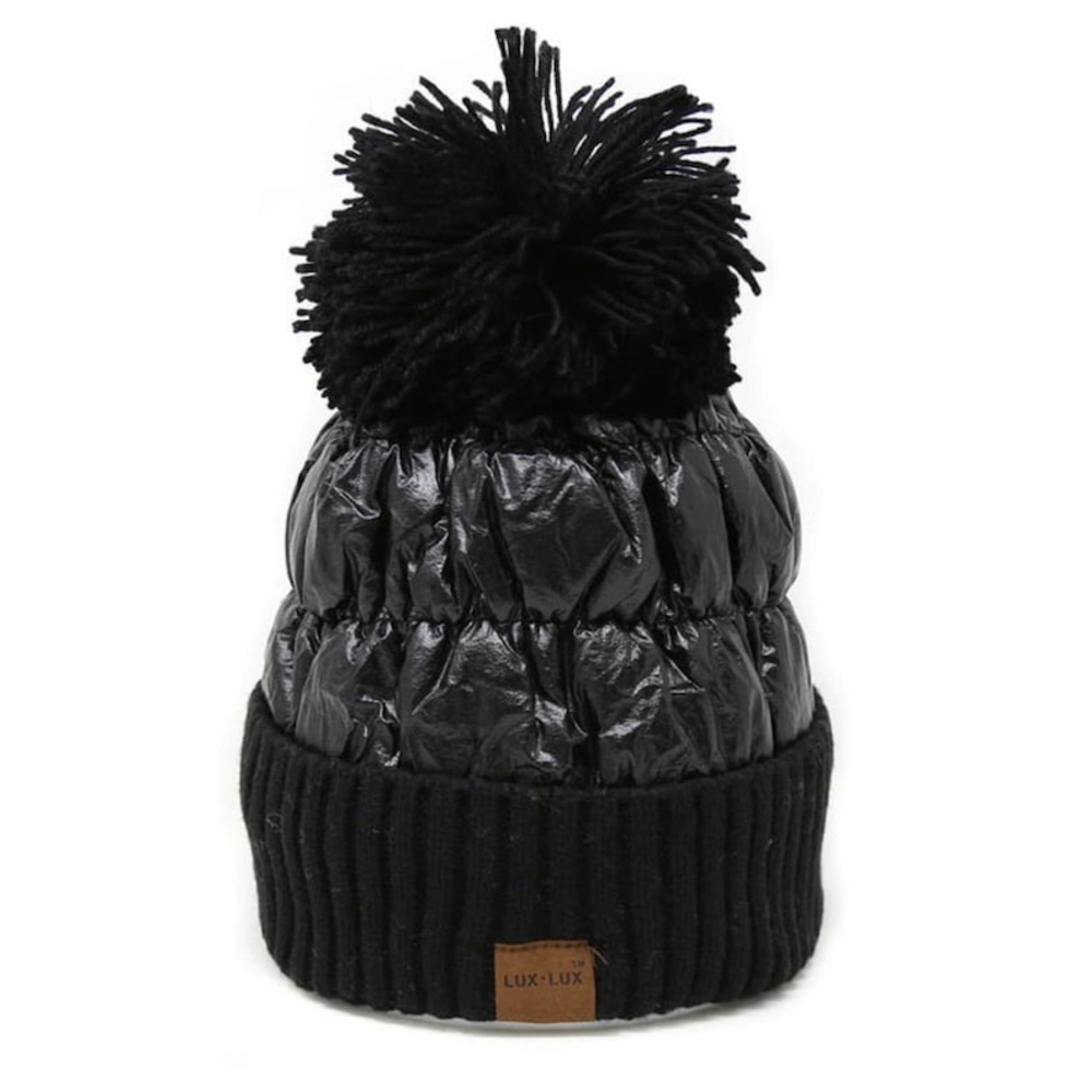 Knit Top Metallic Puffer Beanie Black